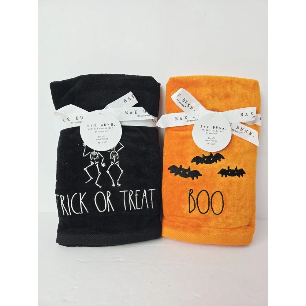 Rae Dunn Halloween Hand Towels Set of 4 Orange Black Boo Trick or Treat NEW